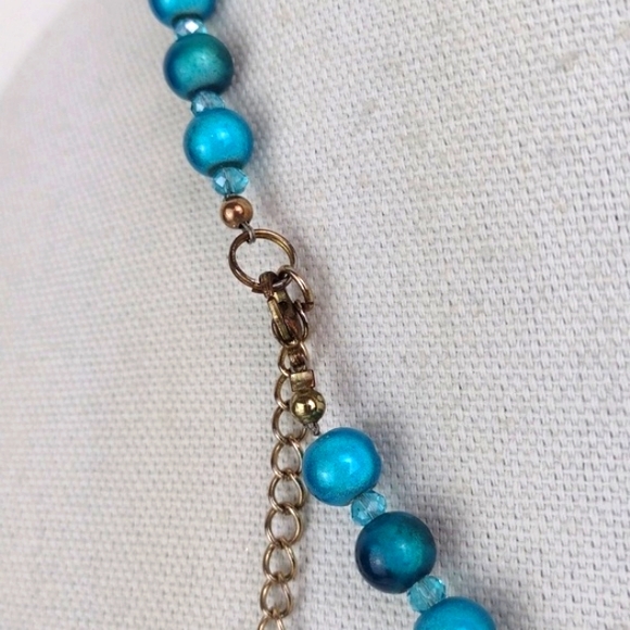Tribal Turquoise Tone Multifaceted Spear Fringe & 2-Tone Glass Bead Necklace - Picture 6 of 15